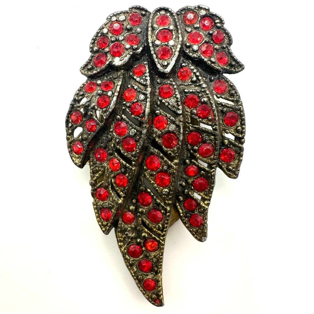 1930s antique Art Deco brass red Czech glass rhinestones leaf dress clip